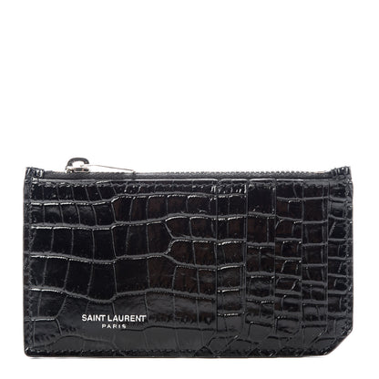 Saint Laurent Calfskin Crocodile Embossed 5 Fragments Zip Pouch Card Holder Black 1 of 8