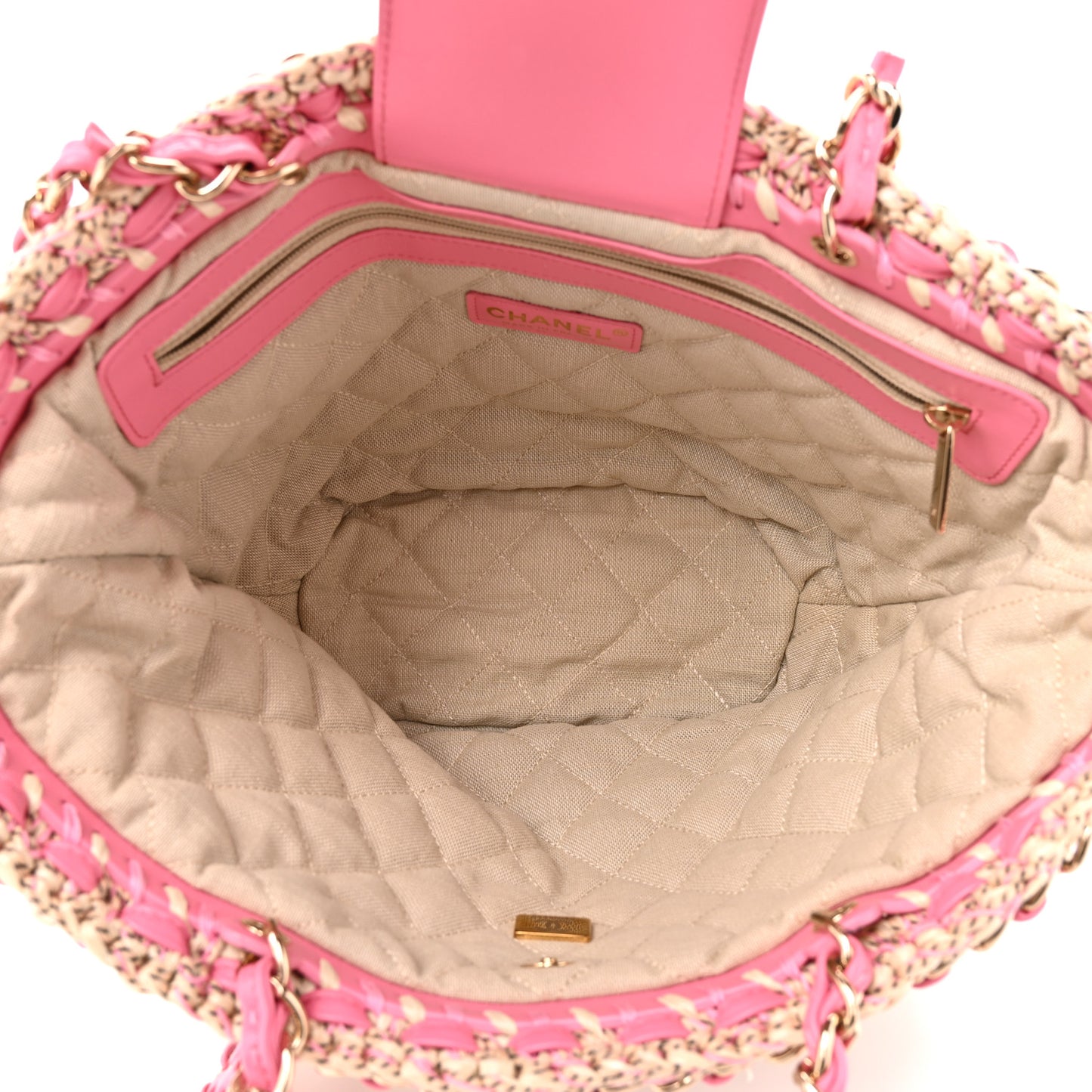 Mixed Fibers Calfskin Crochet Small Shopping Bag Beige Pink