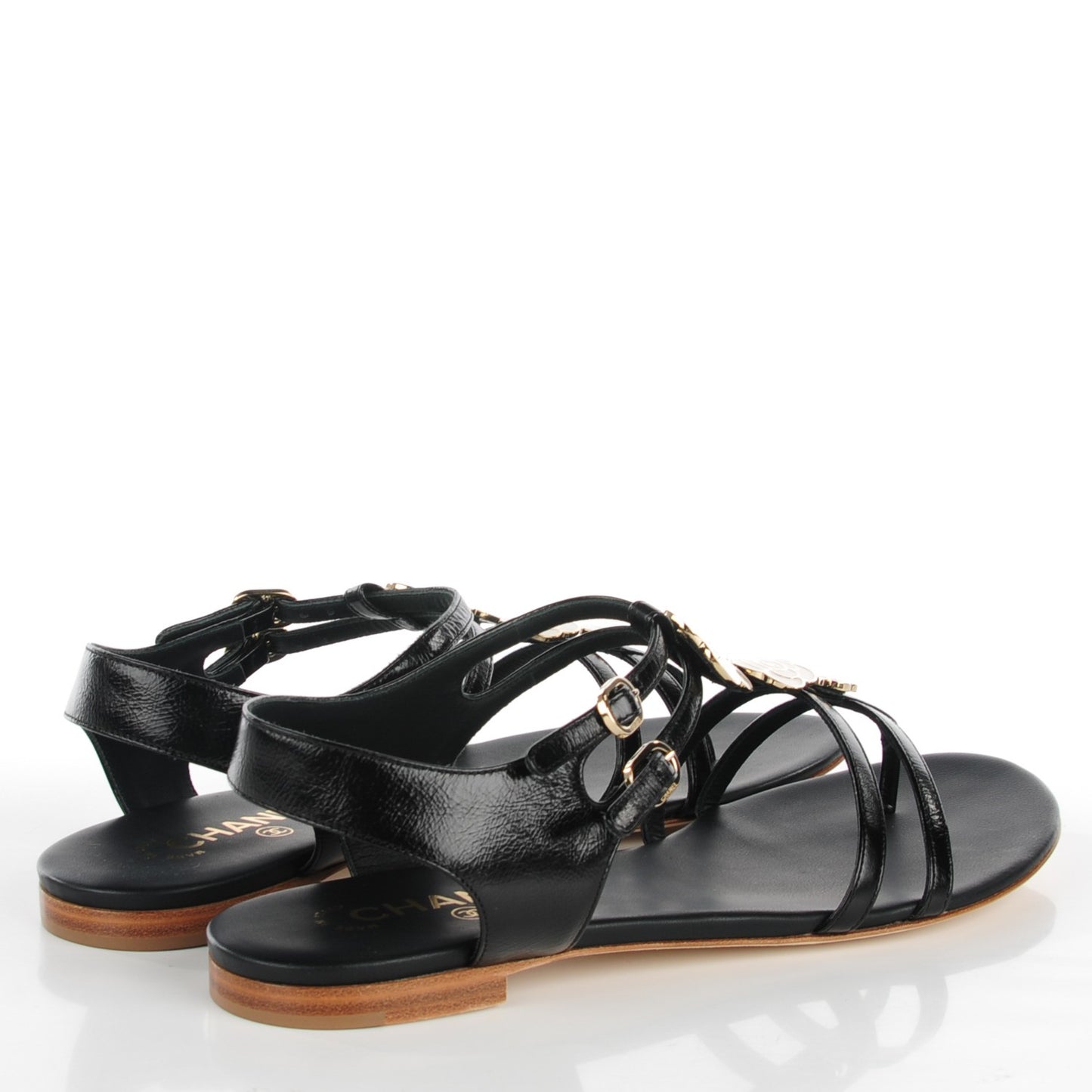 Crumpled Calfskin Enamel CC Camellia Thong Sandals 41 Black