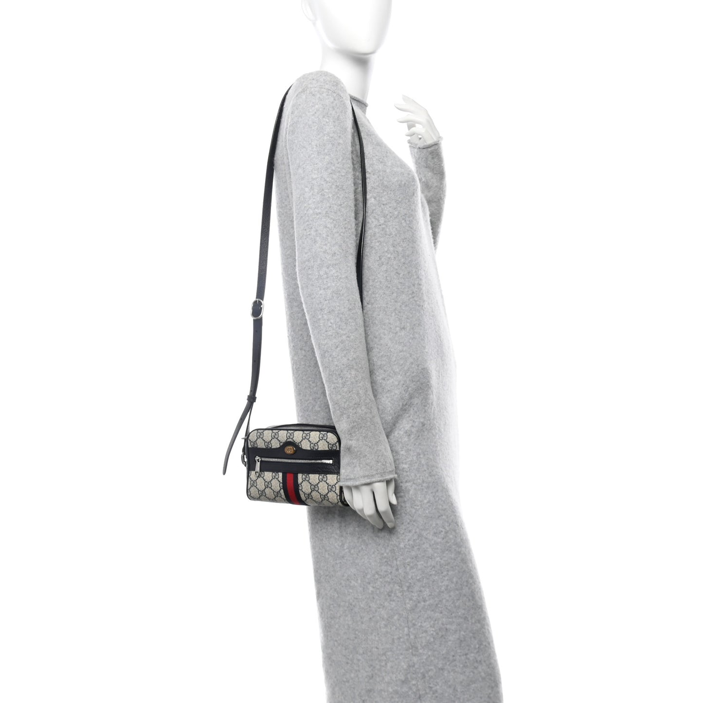 GG Supreme Monogram Textured Dollar Calfskin Web Mini Ophidia Shoulder Bag Beige Blue