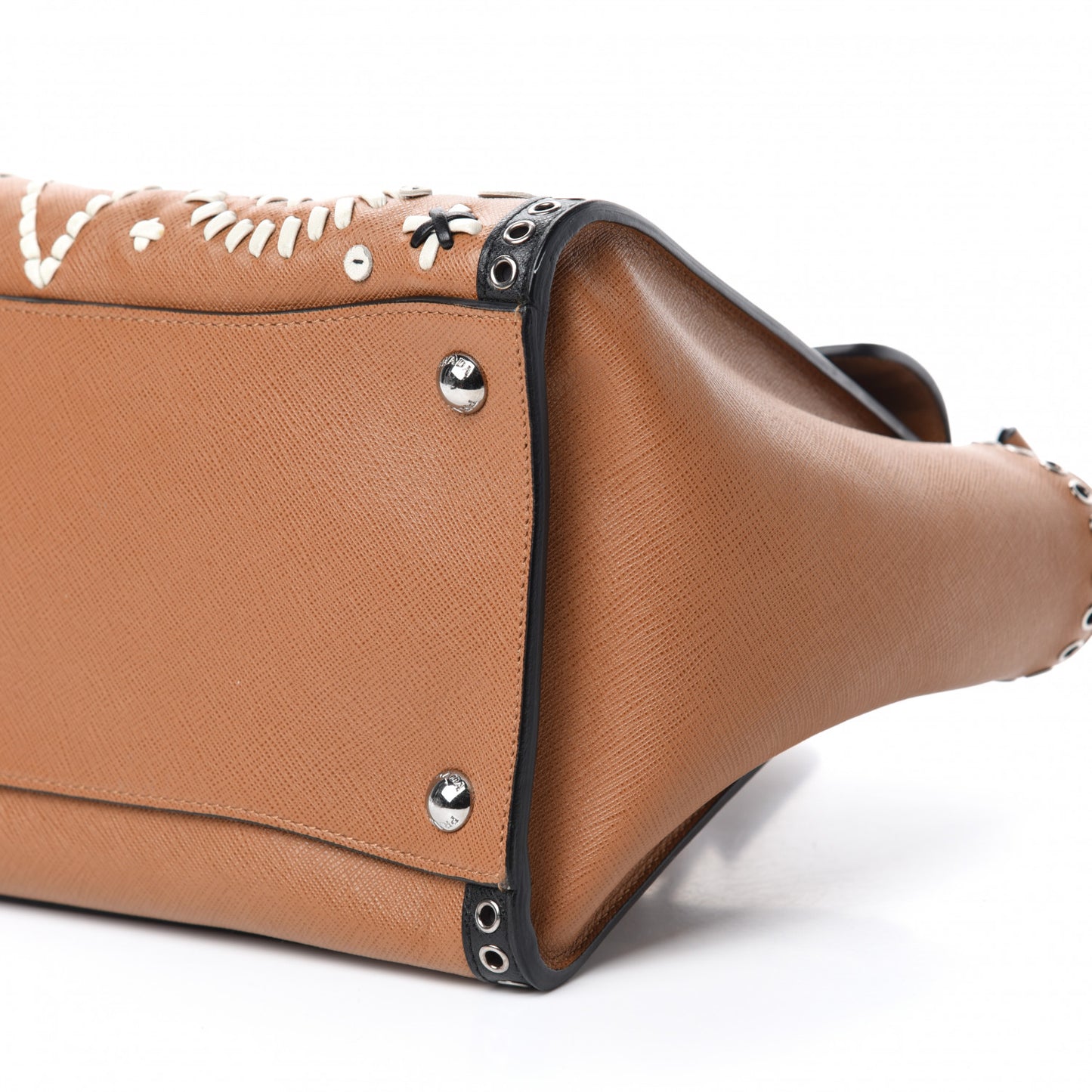 Saffiano Embroidered Sound Twin Pocket Satchel Caramel