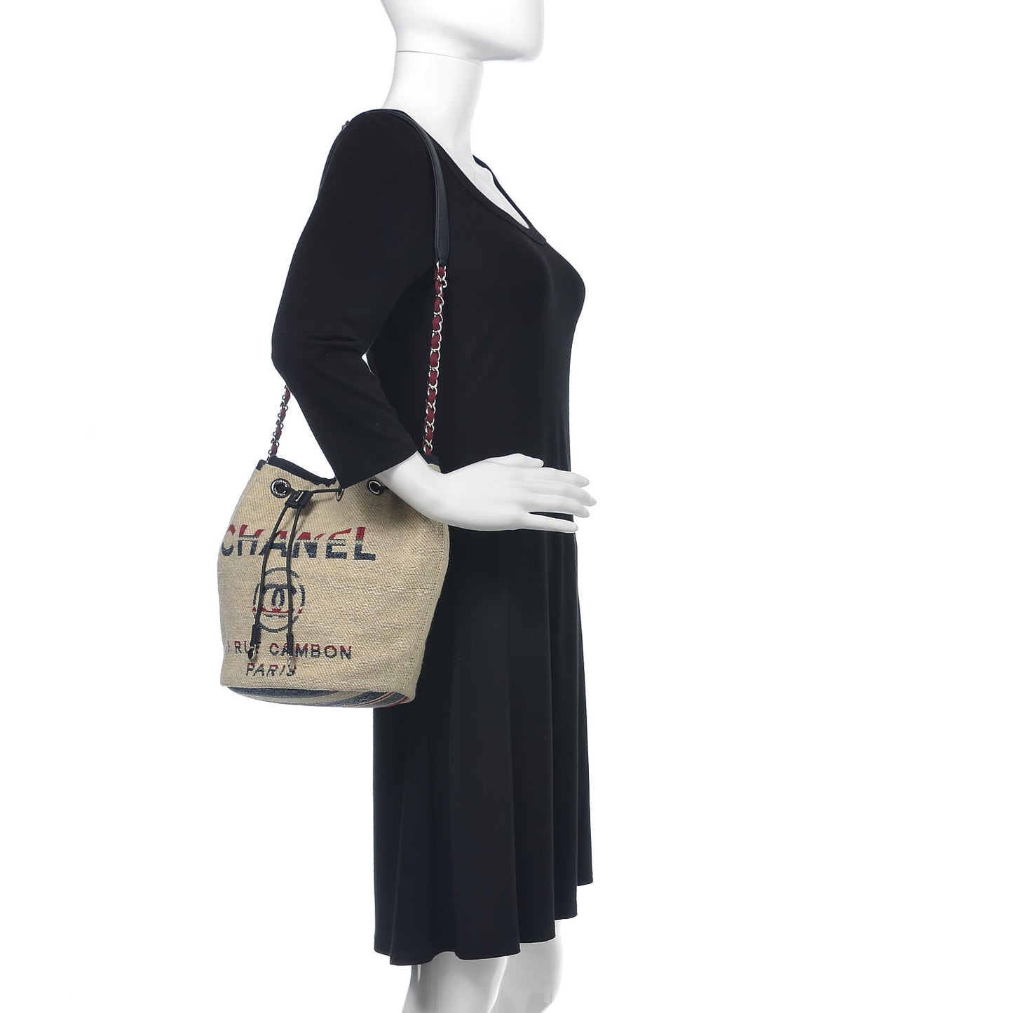 Striped Canvas Deauville Drawstring Bag Beige