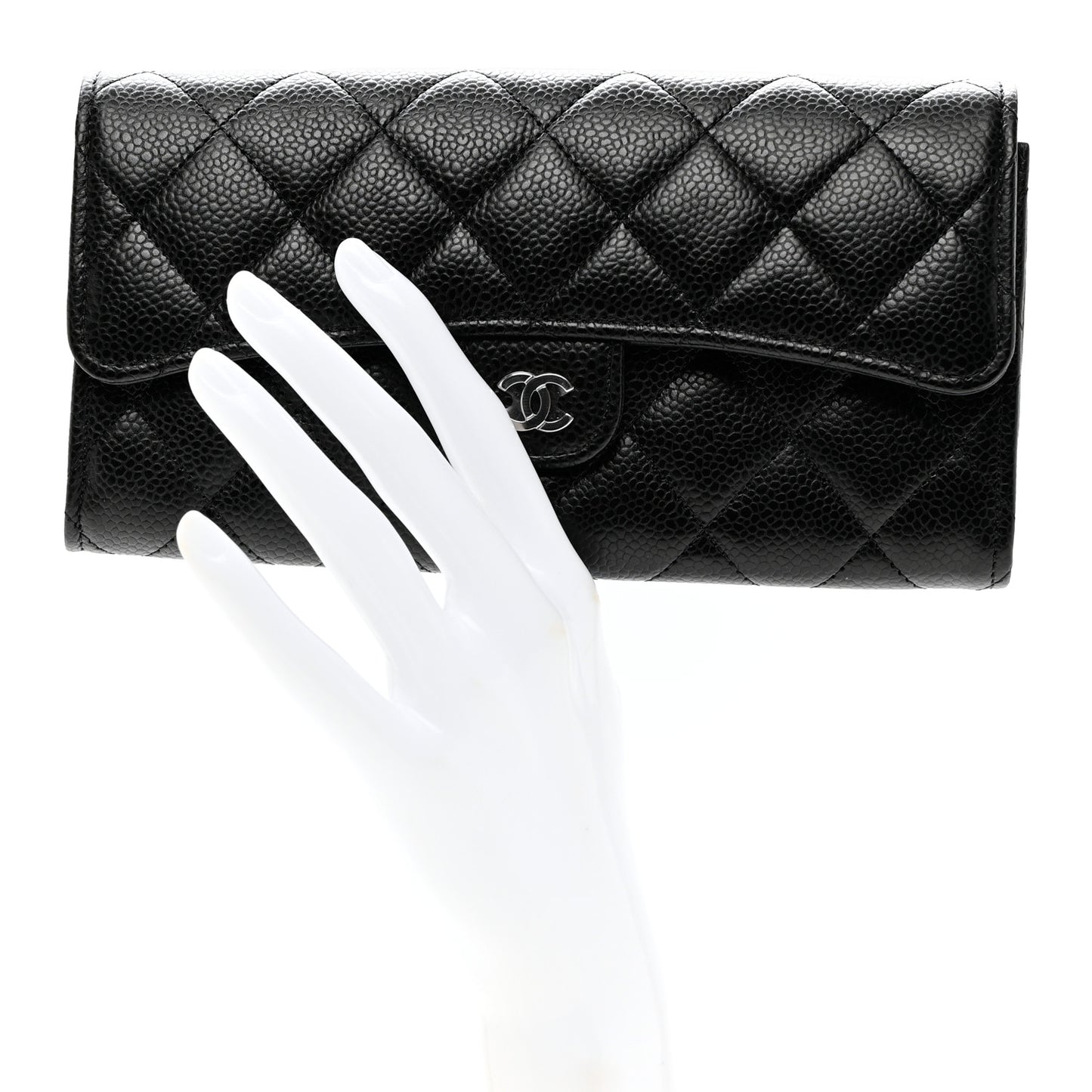Caviar Quilted Large Gusset Flap Wallet Black