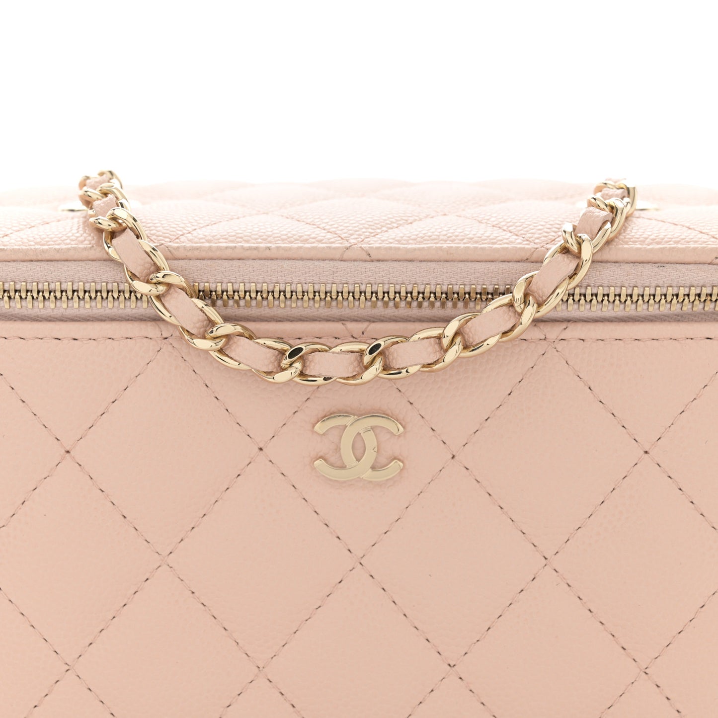 Caviar Quilted Small Vanity Case With Chain Light Beige