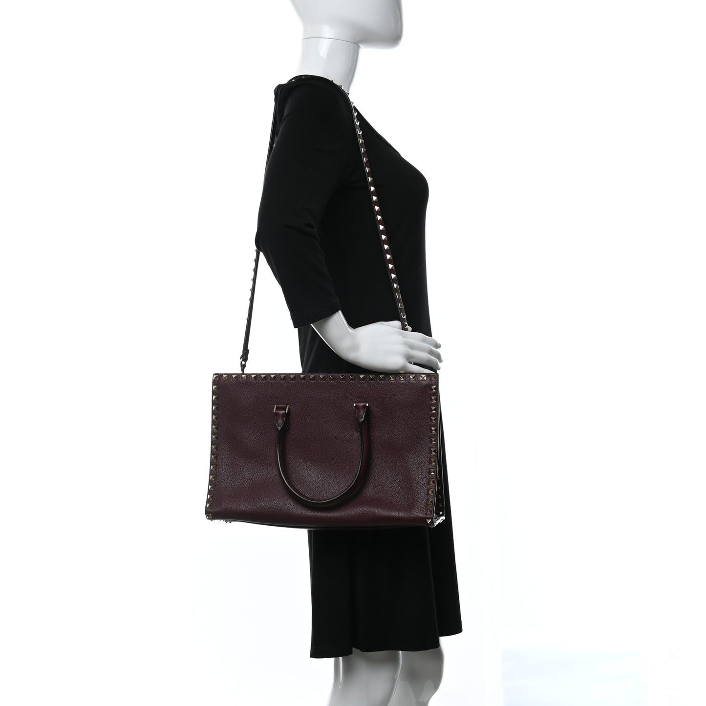 Grained Calfskin Medium Rockstud Double Handle Horizontal Tote Rubin