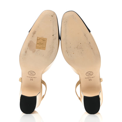 Chanel Goatskin Grosgrain Cap Toe CC Slingback Pumps 35 Beige Black 5 of 9