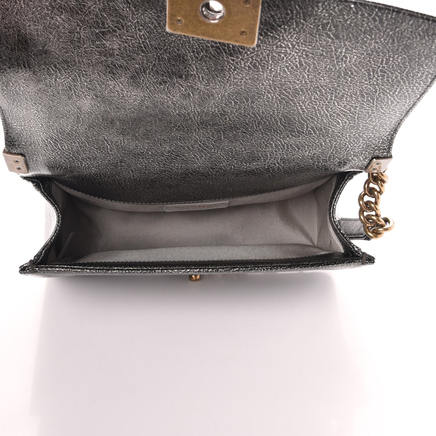 Cracked Metallic Calfskin Quilted Medium Boy Flap Silver