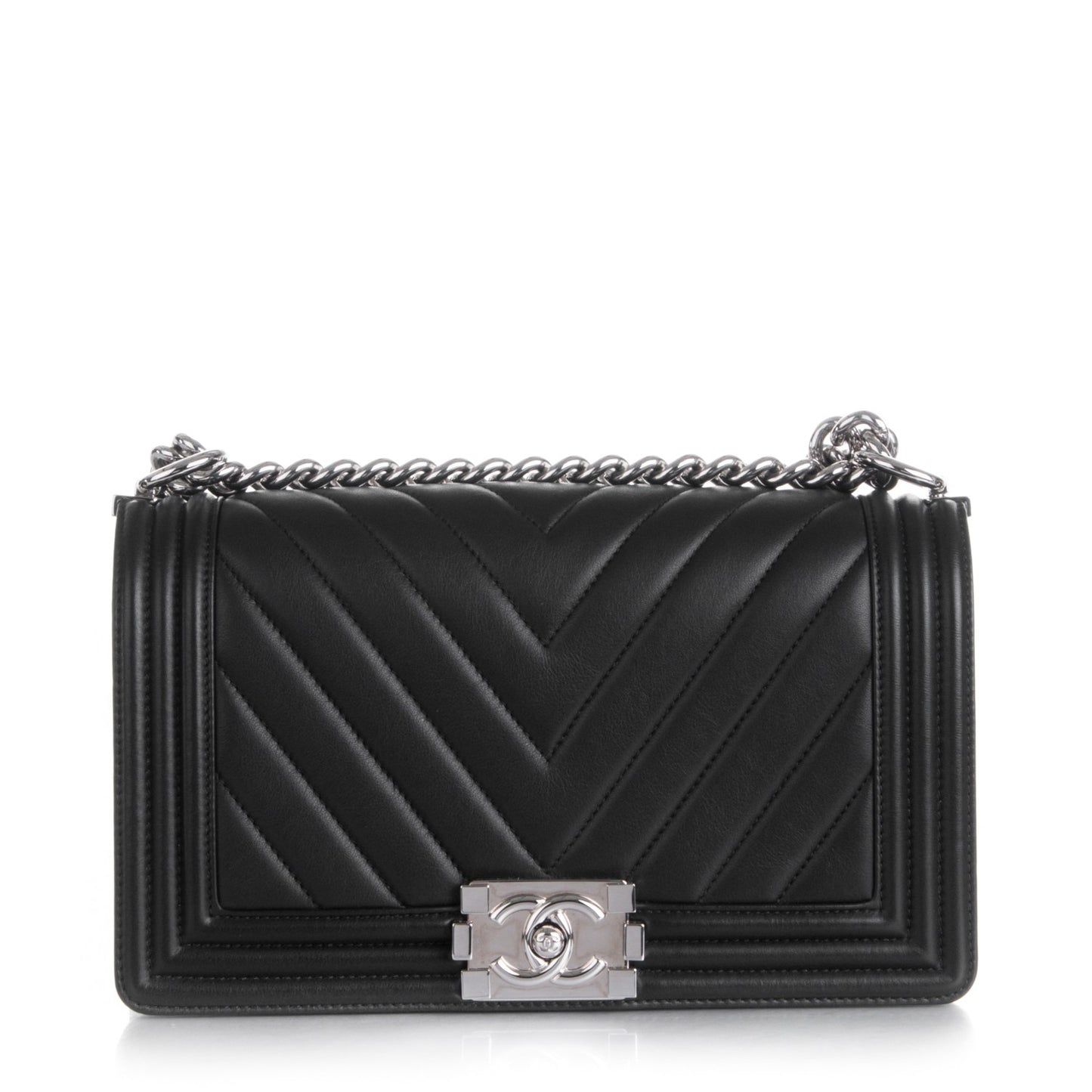 Calfskin Chevron Quilted Medium Boy Flap Black