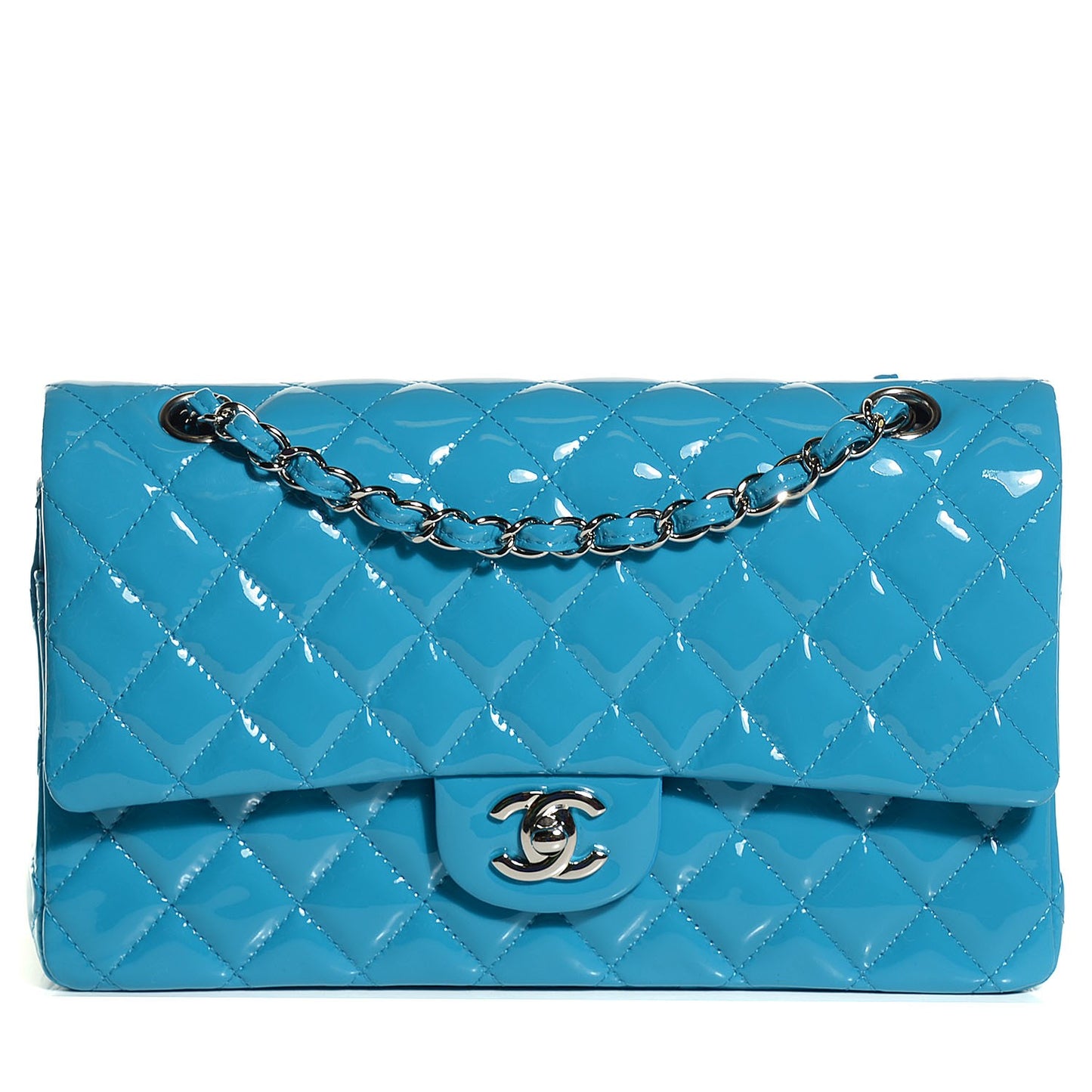 Patent Calfskin Quilted Medium Double Flap Turquoise