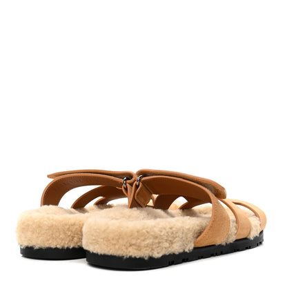 Hermes Suede Goatskin Woolskin Womens Chypre Sandals 38 Golden Beige 3 of 4