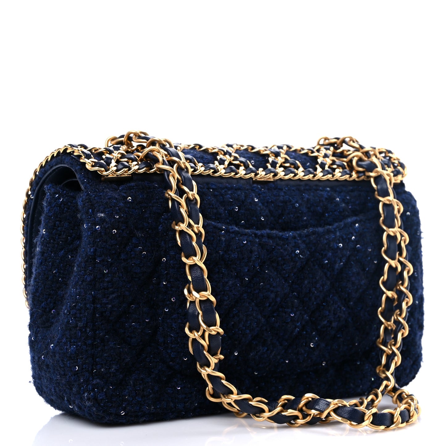 Tweed Sequin Timeless Classic Chained Double Flap Navy Blue