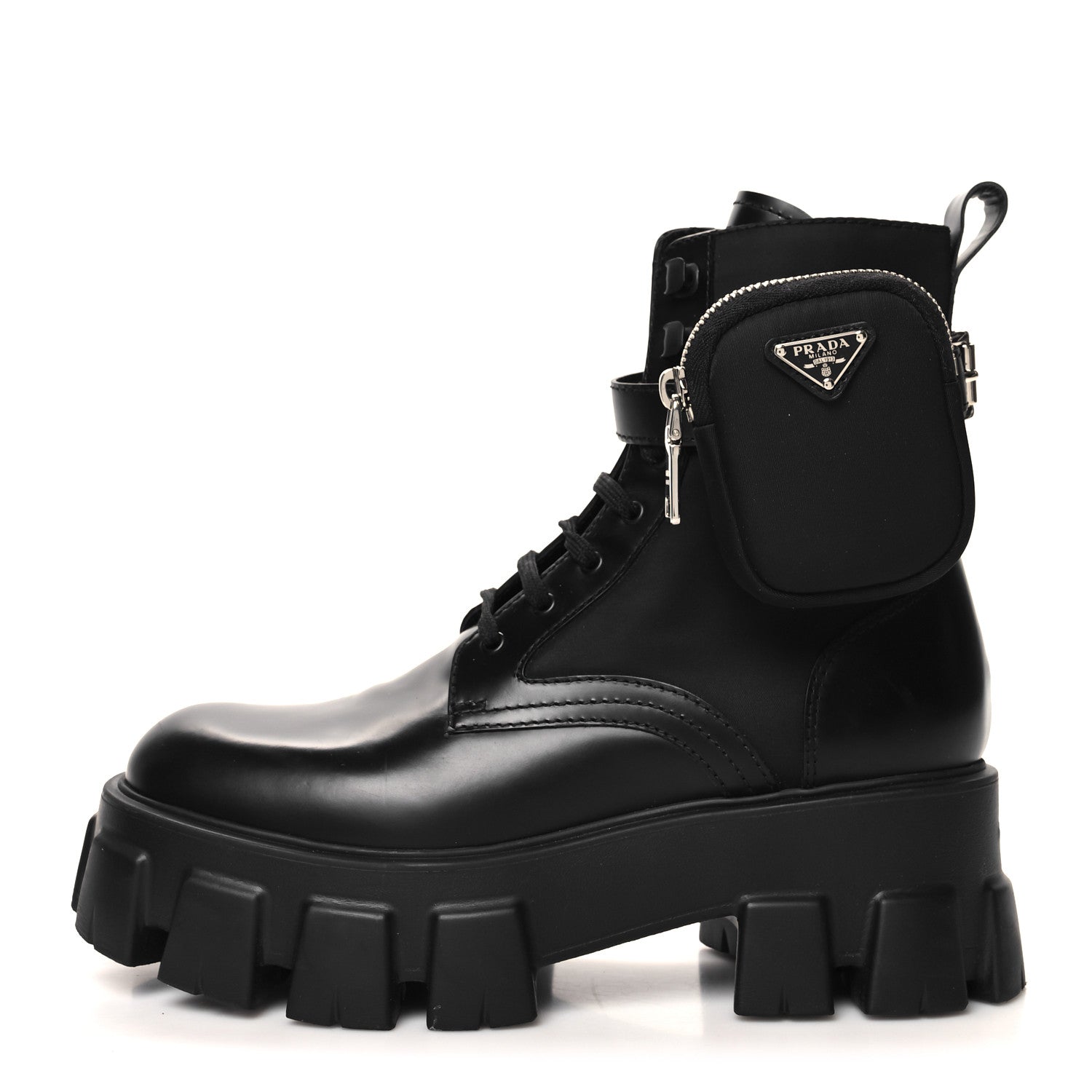 Prada Spazzolato Rois Nylon Metal Triangle Logo Monolith Pouch Pocket 55mm Boots 38 Black 1 of 8