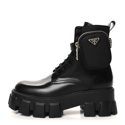 Prada Spazzolato Rois Nylon Metal Triangle Logo Monolith Pouch Pocket 55mm Boots 38 Black 1 of 8