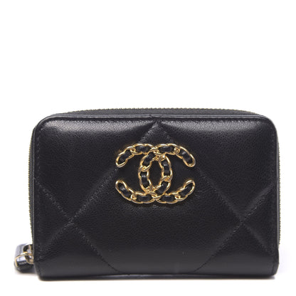 Chanel Shiny Goatskin Quilted Chanel 19 Zip Around Coin Purse Wallet Black 1 of 8