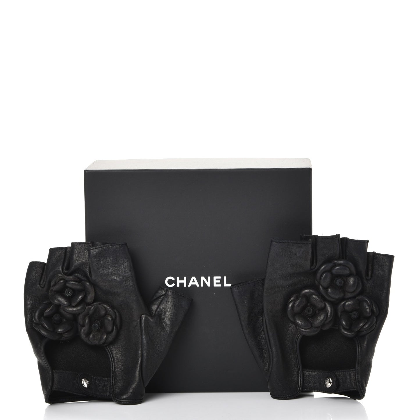 Lambskin Camellia Fingerless Gloves 8.5 Black