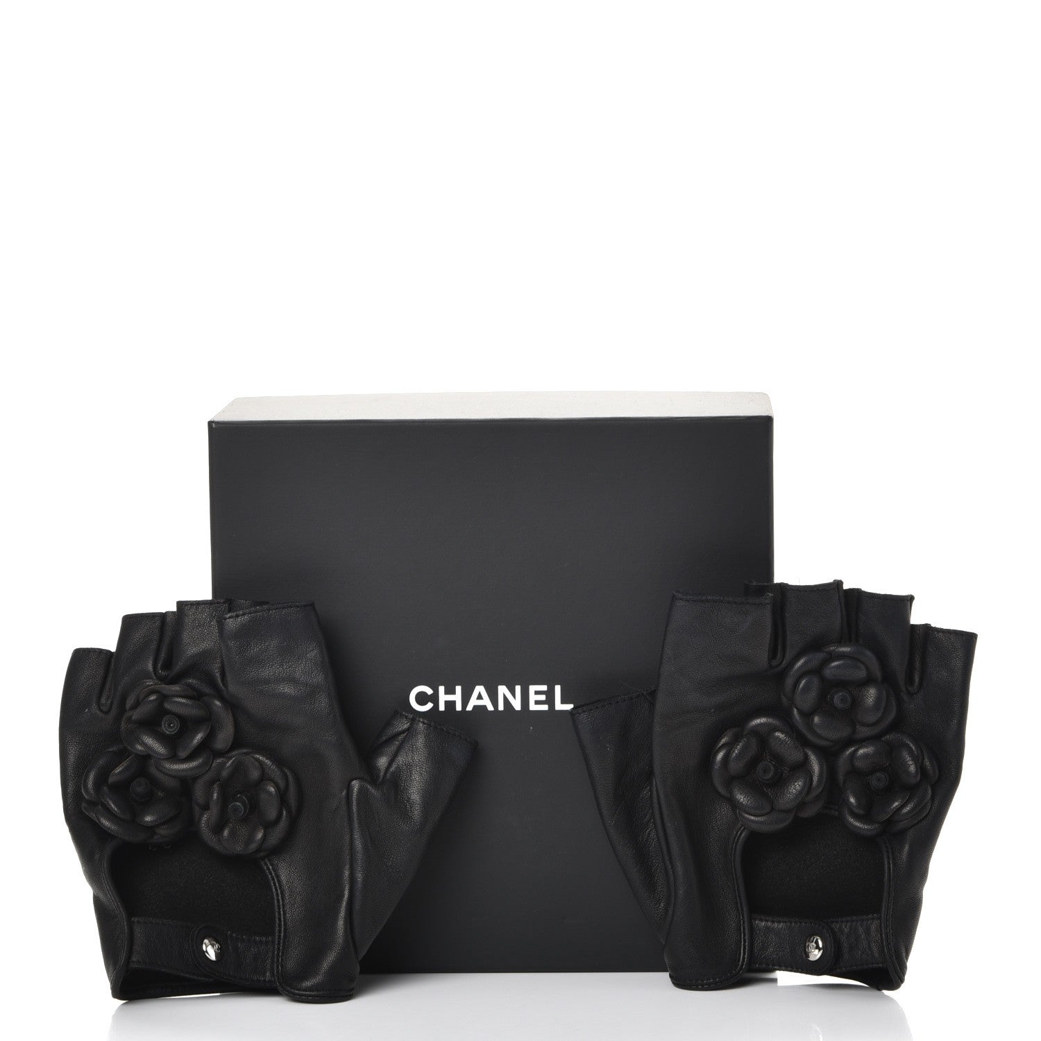 Chanel Lambskin Camellia Fingerless Gloves 8.5 Black 9 of 9