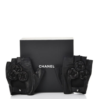 Chanel Lambskin Camellia Fingerless Gloves 8.5 Black 9 of 9