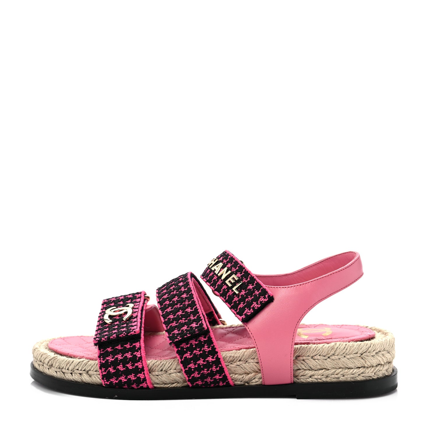 Stretch Fabric Lambskin CC Flat Sandals 37 Pink Black