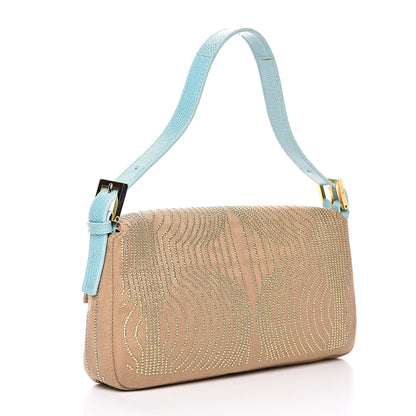 Fendi Fabric Calfskin Crystal Lizard Embossed Studded Baguette Tortora Celeste 3 of 12