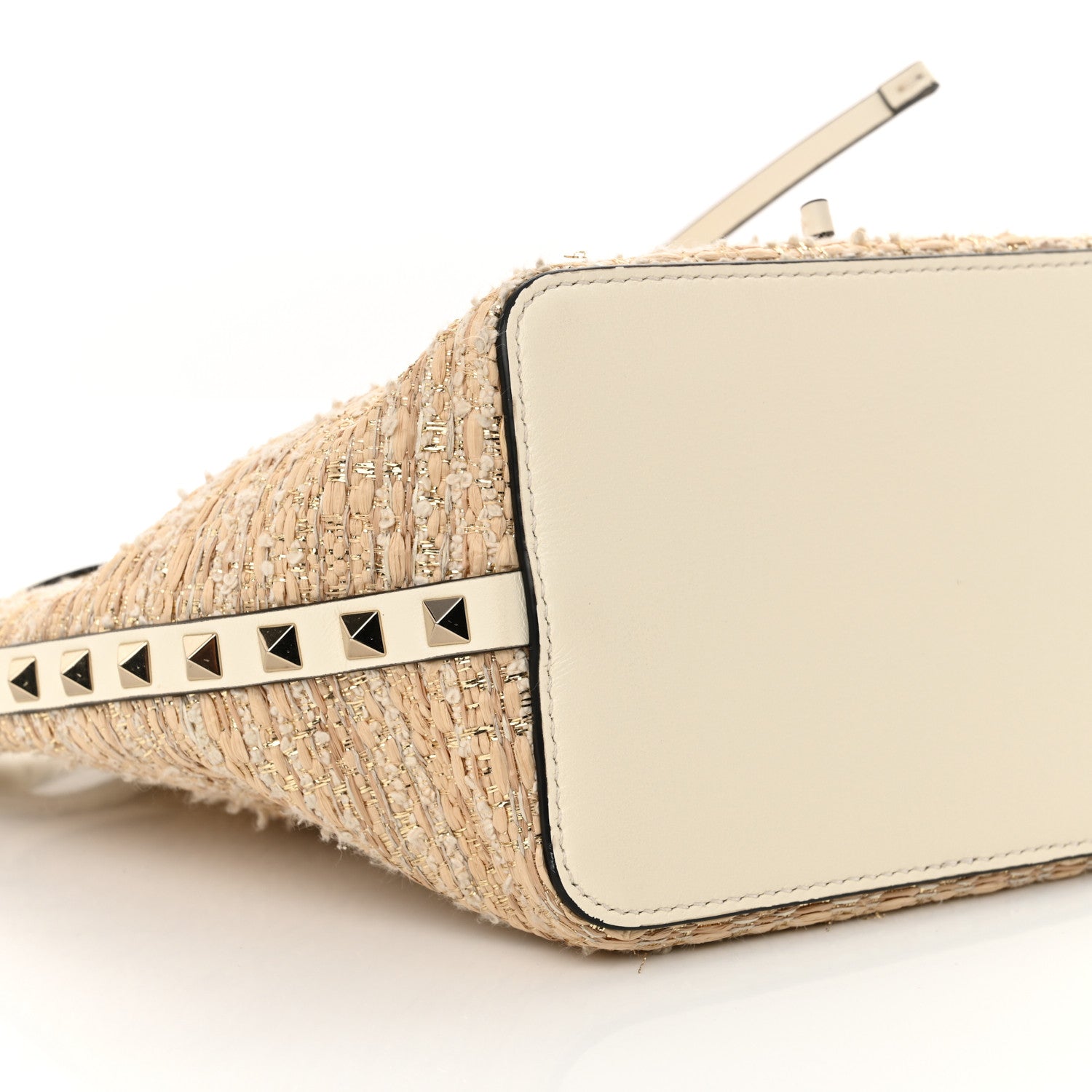Valentino Garavani Metallic Boucle Raffia Calfskin Rockstud Drawstring Bucket Bag Ivory Gold 8 of 11