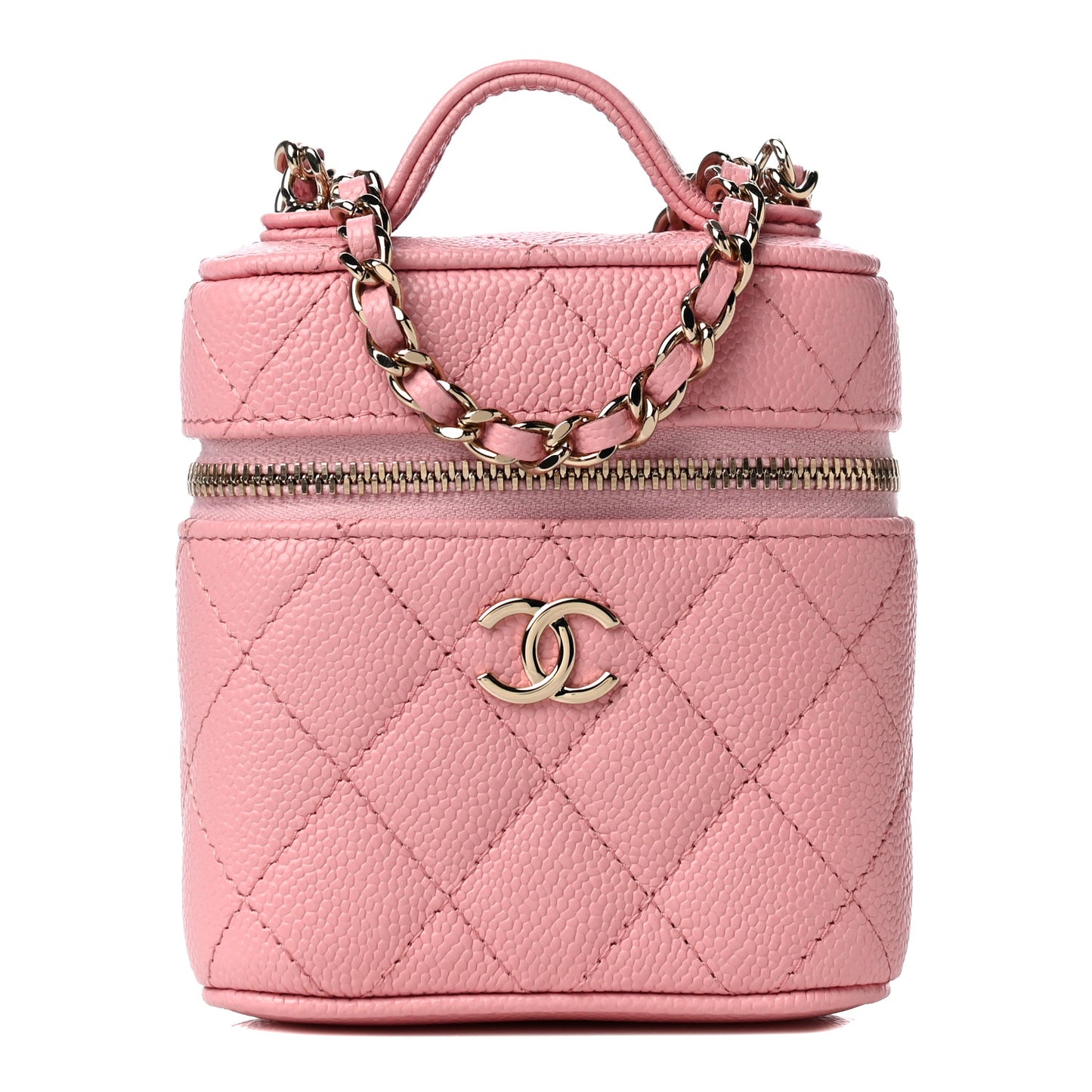 Caviar Quilted Small Handle With Care Vanity Case With Chain Pink