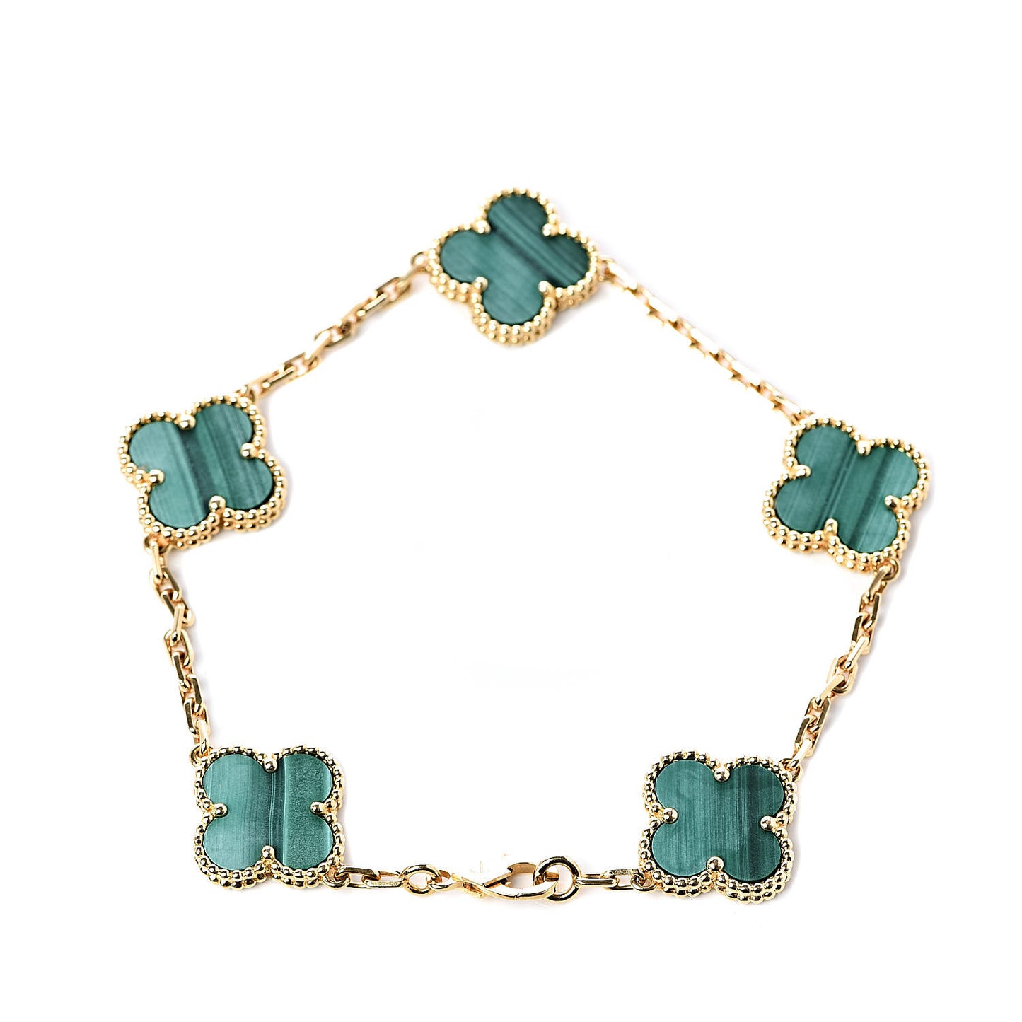 18K Yellow Gold Malachite 5 Motifs Vintage Alhambra Bracelet