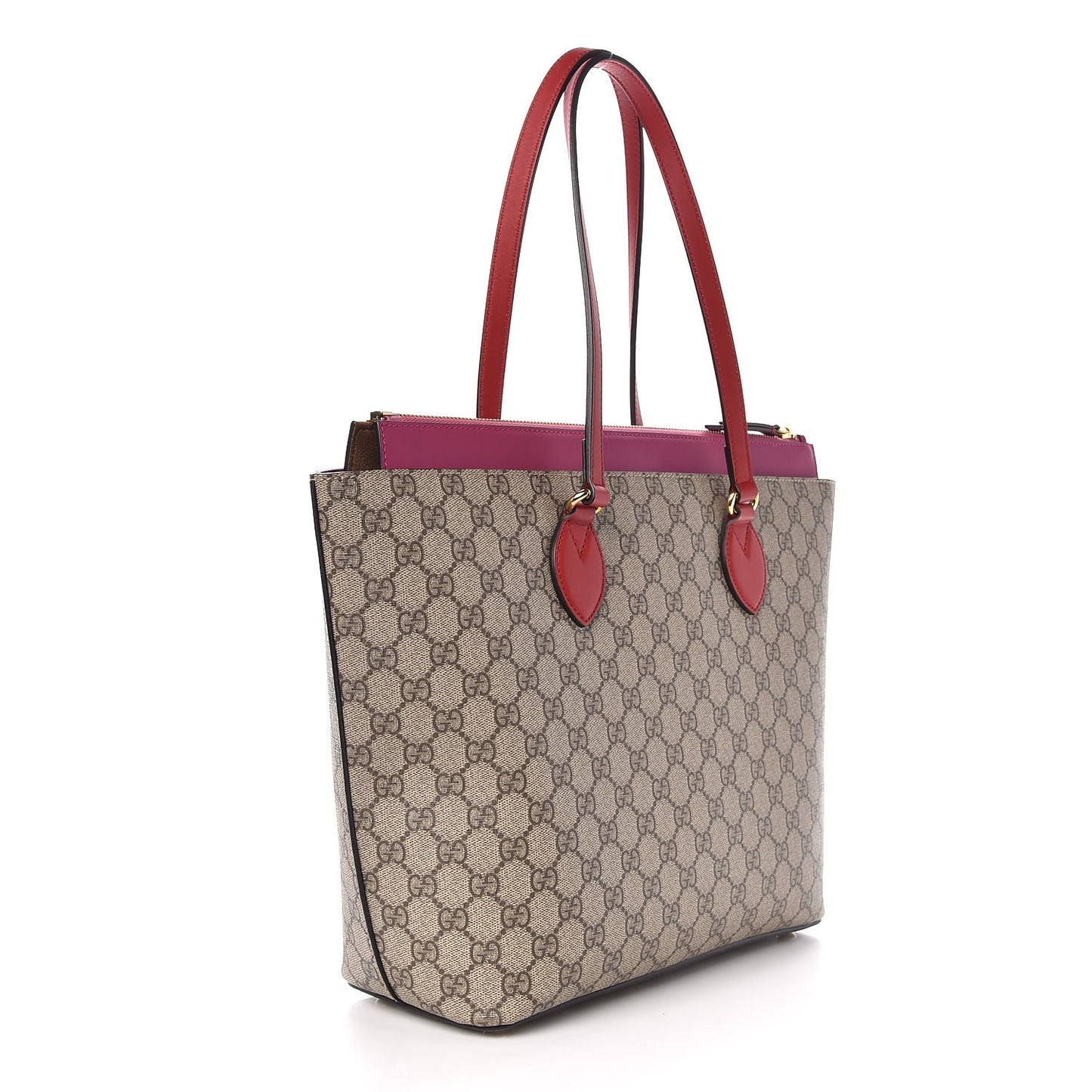 GG Supreme Monogram Medium Zippered Bucket Tote Beige Hibiscus Red New Rosette