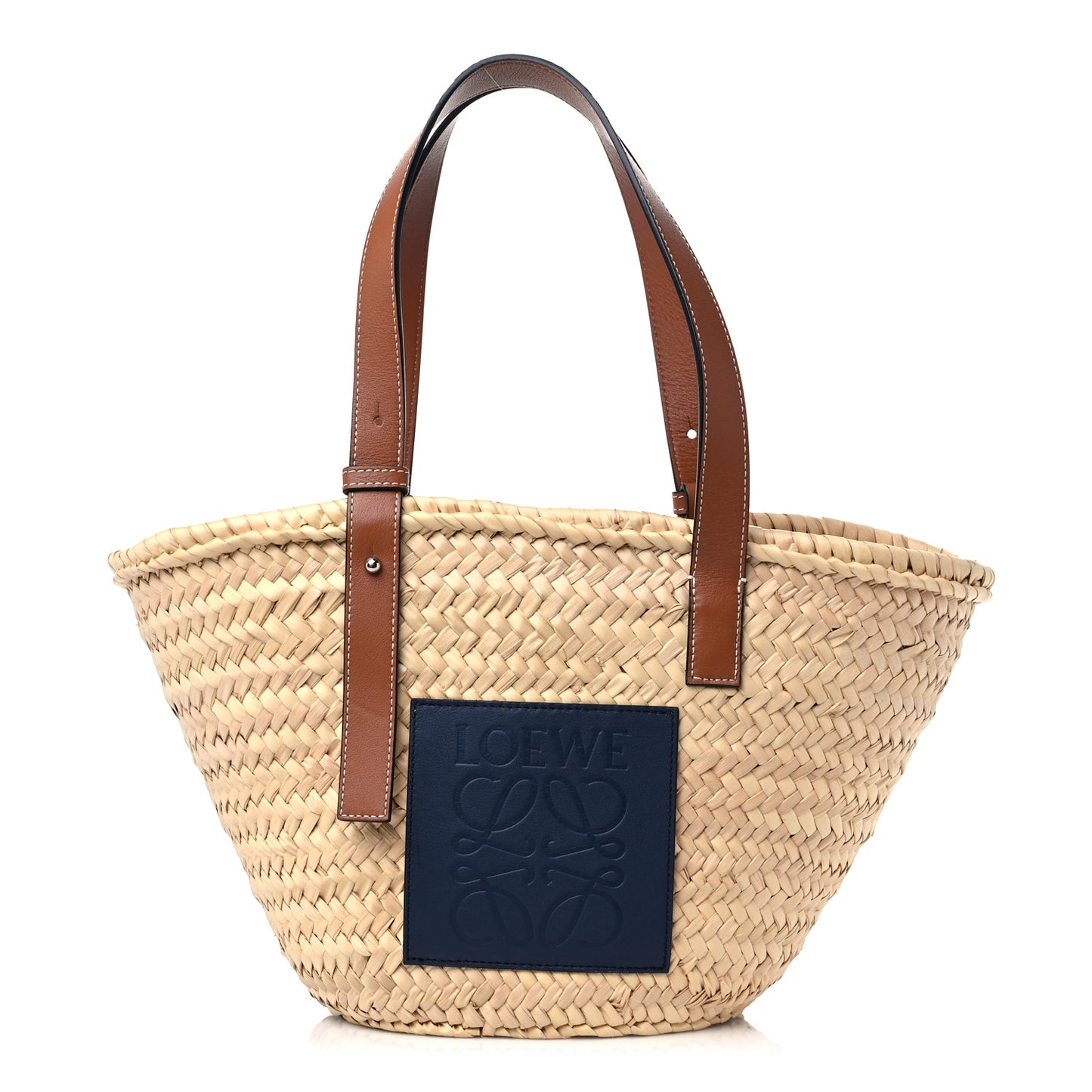 Raffia Small Basket Tote Bag Natural Tan Navy