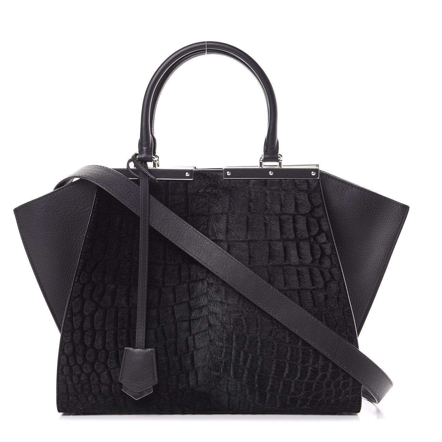 Fendi Vitello Pelo Flamingo Crocodile Embossed Petite 3Jours Tote Black 1 of 12