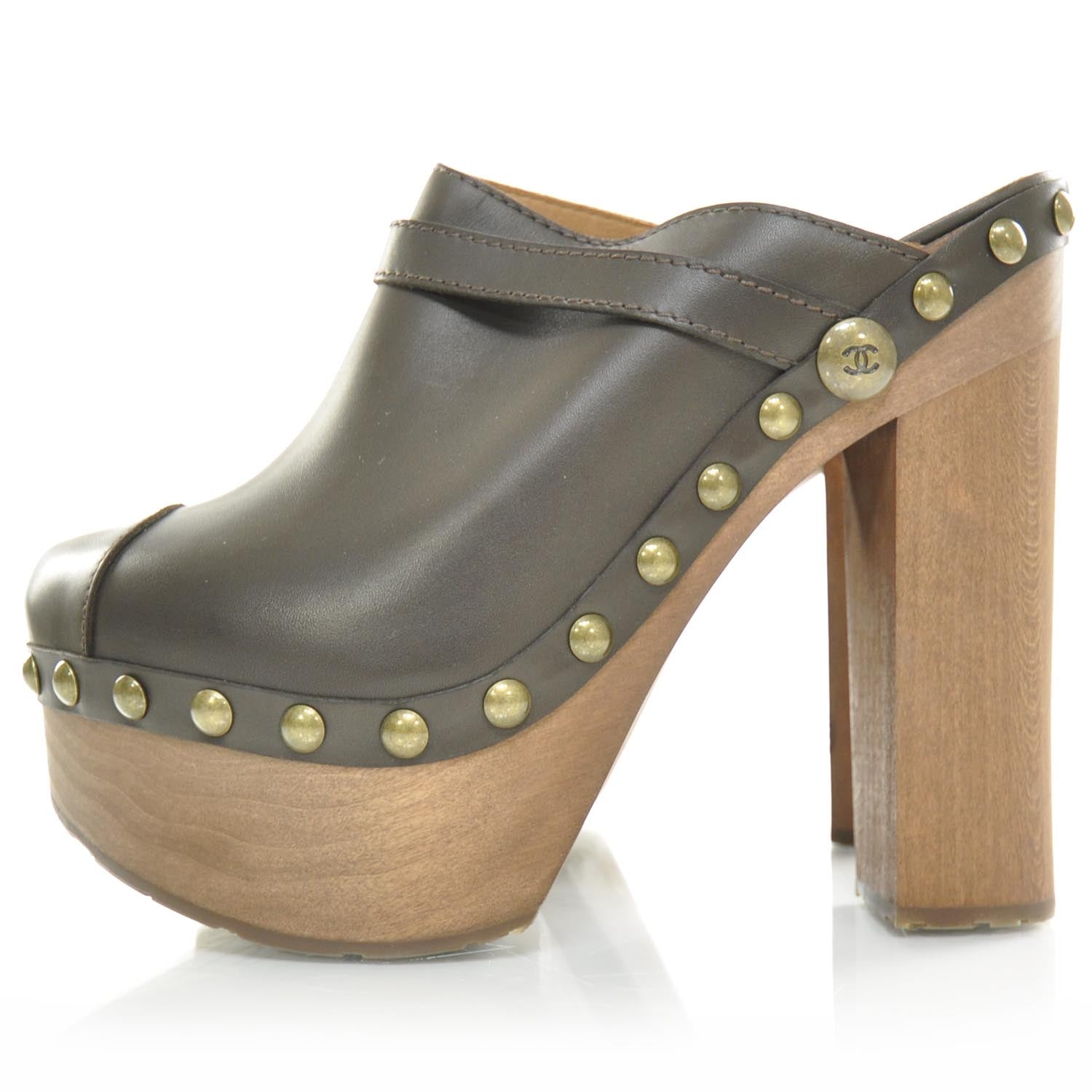 Chanel Leather Studded Clogs 38 Brown 4 of 9