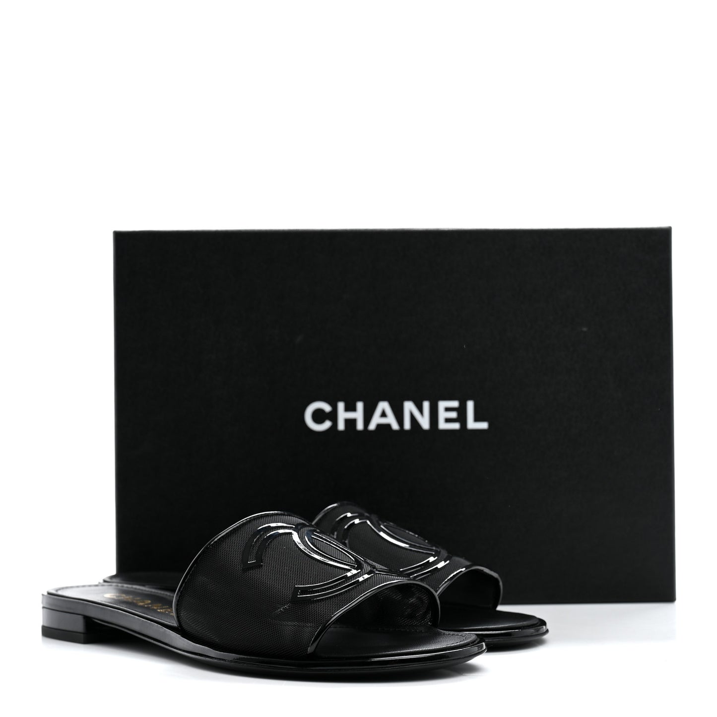 Mesh Patent Calfskin CC Mules 38.5 Black