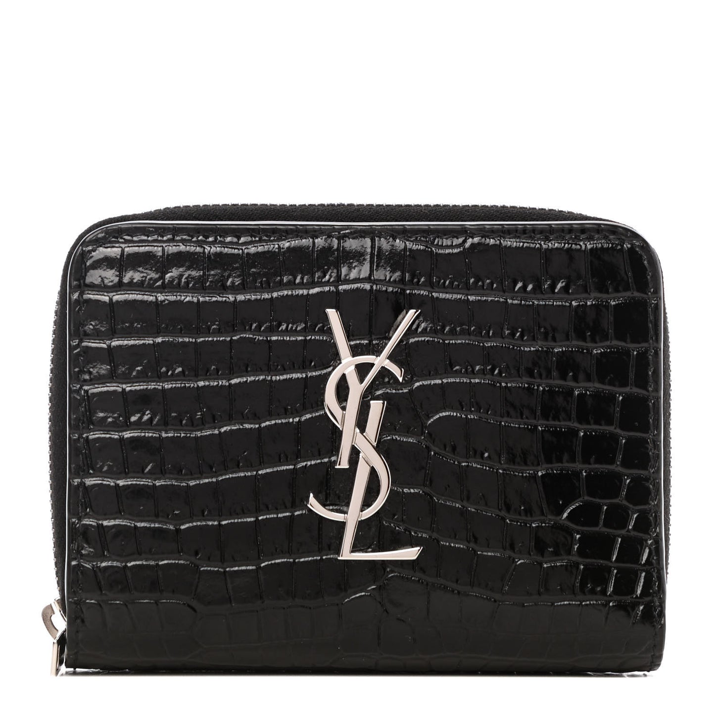 Calfskin Crocodile Embossed Monogram Compact Wallet Black