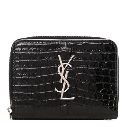Saint Laurent Calfskin Crocodile Embossed Monogram Compact Wallet Black 1 of 8