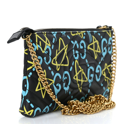 Gucci Calfskin Matelasse Printed Mini GucciGhost GG Marmont Chain Bag Black New Acquamarine 3 of 9