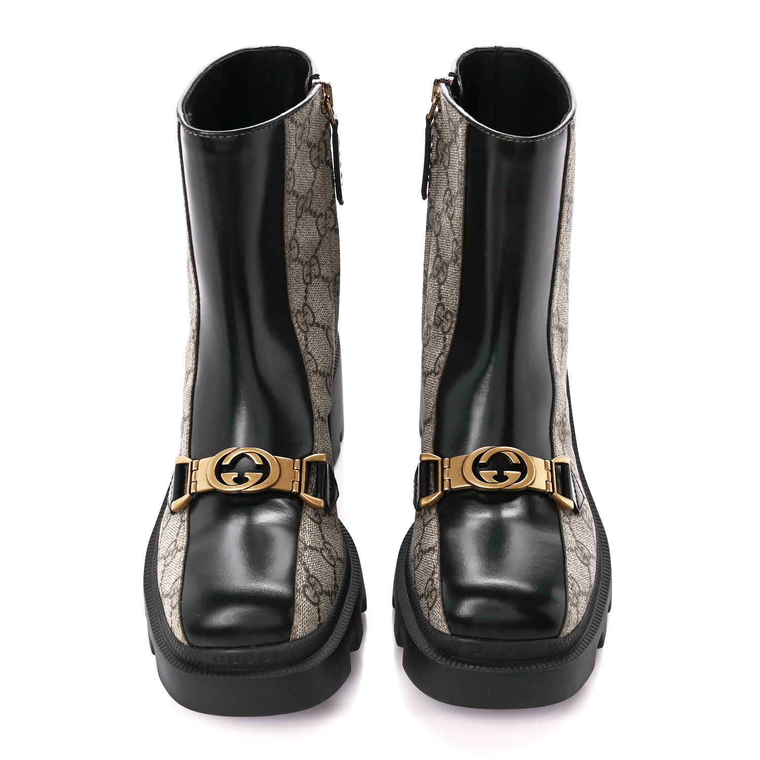 Gucci GG Supreme Monogram Magnum Calfskin Interlocking G Womens Lug Sole Ankle Boots 35.5 Beige Ebony Black 2 of 8