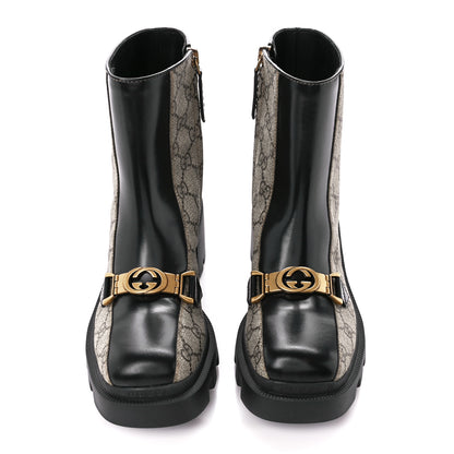Gucci GG Supreme Monogram Magnum Calfskin Interlocking G Womens Lug Sole Ankle Boots 35.5 Beige Ebony Black 2 of 8