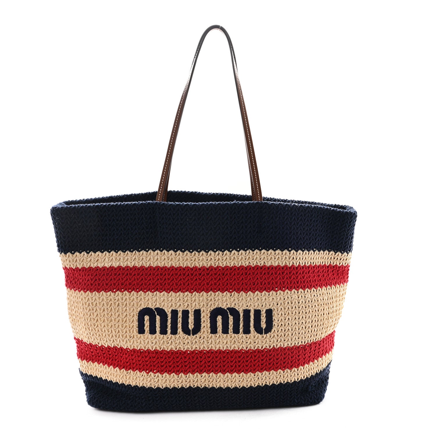 Miu Miu Raffia Crochet Stripe Tote Natural Blue 1 of 10