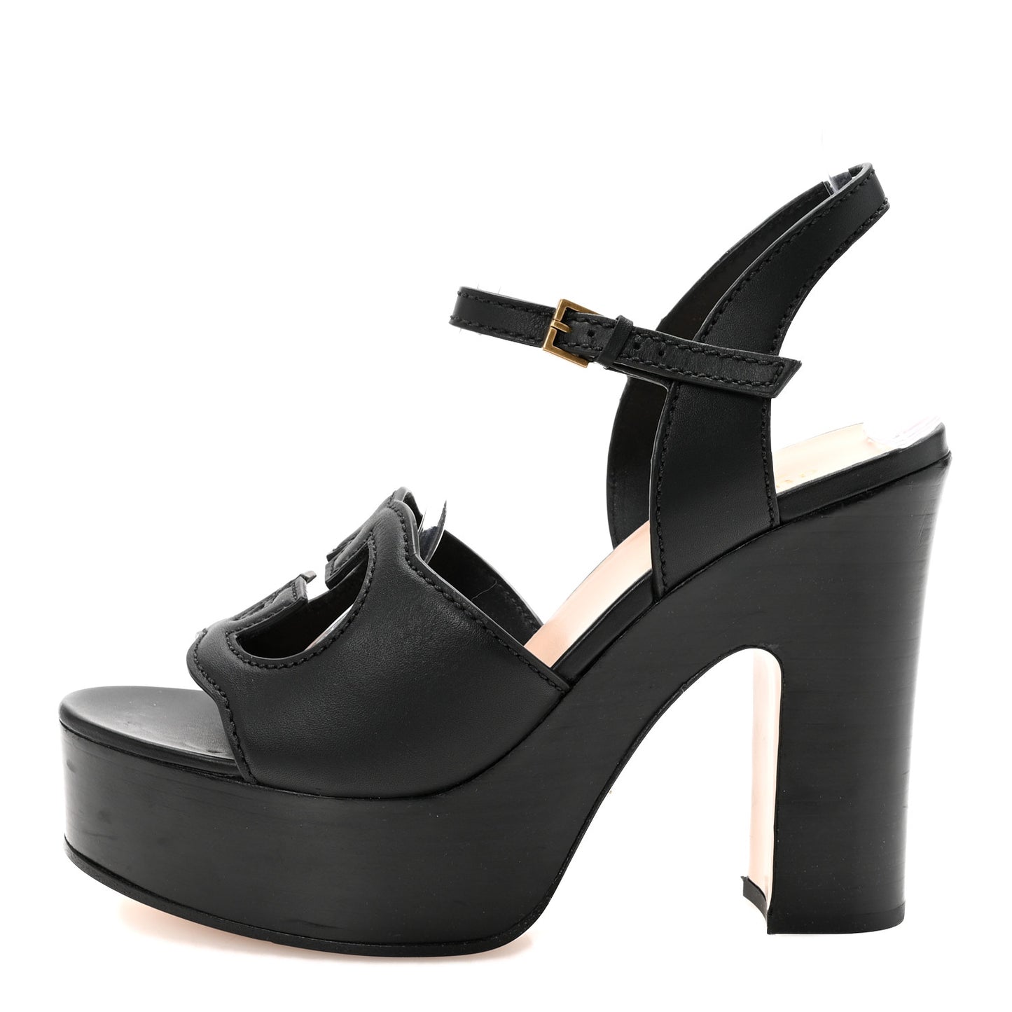 Cosmos Softy Calfskin Wooden Interlocking G Cut-Out 30/120mm Platform Sandals 39.5 Black