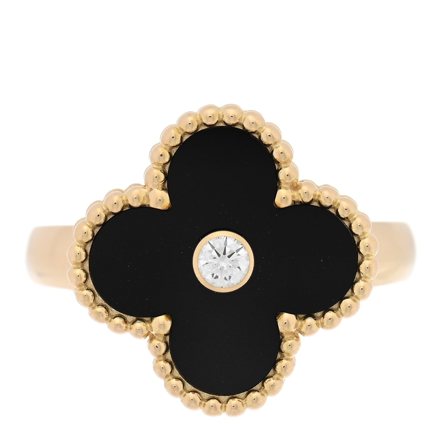 Van Cleef & Arpels 18K Yellow Gold Diamond Black Onyx Vintage Alhambra Ring 48 4.5 1 of 4