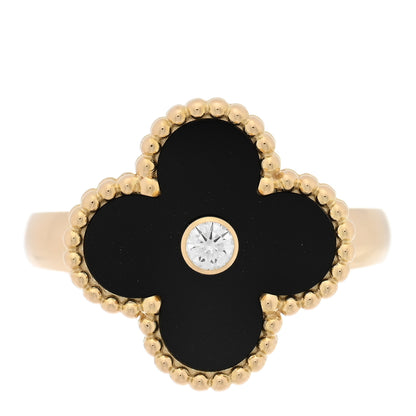Van Cleef & Arpels 18K Yellow Gold Diamond Black Onyx Vintage Alhambra Ring 48 4.5 1 of 4
