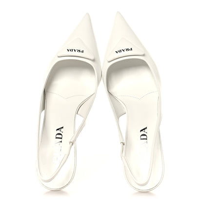 Prada Spazzolato Triangle Logo Pointed Toe 75mm Slingback Pumps 37 White 2 of 8