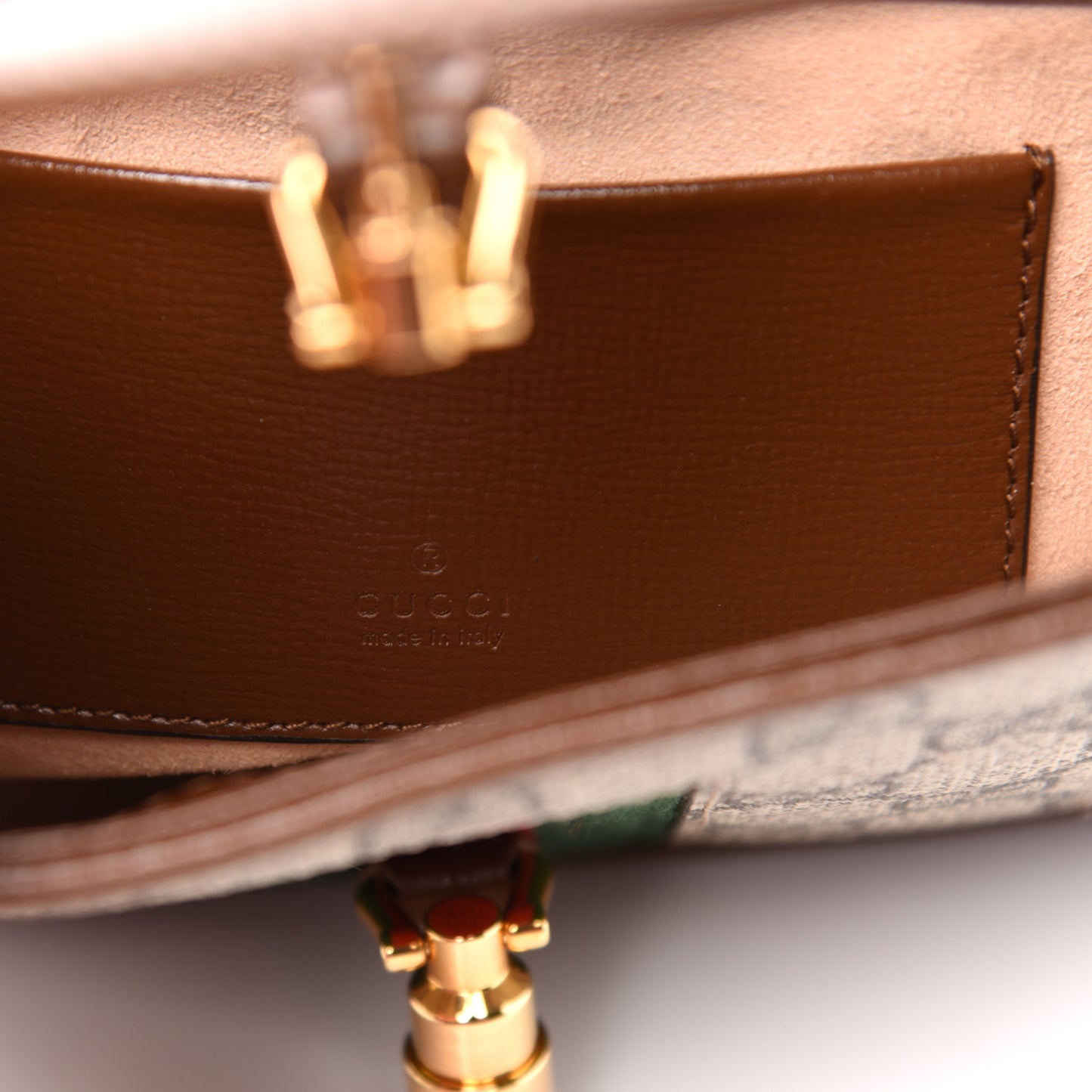 GG Supreme Monogram Azalea Calfskin Web Mini Jackie 1961 Hobo Beige Ebony Brown Sugar