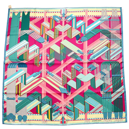 Hermes Silk Sangles En Zigzag Scarf 90 Fuchsia Vert Jaune 1 of 7