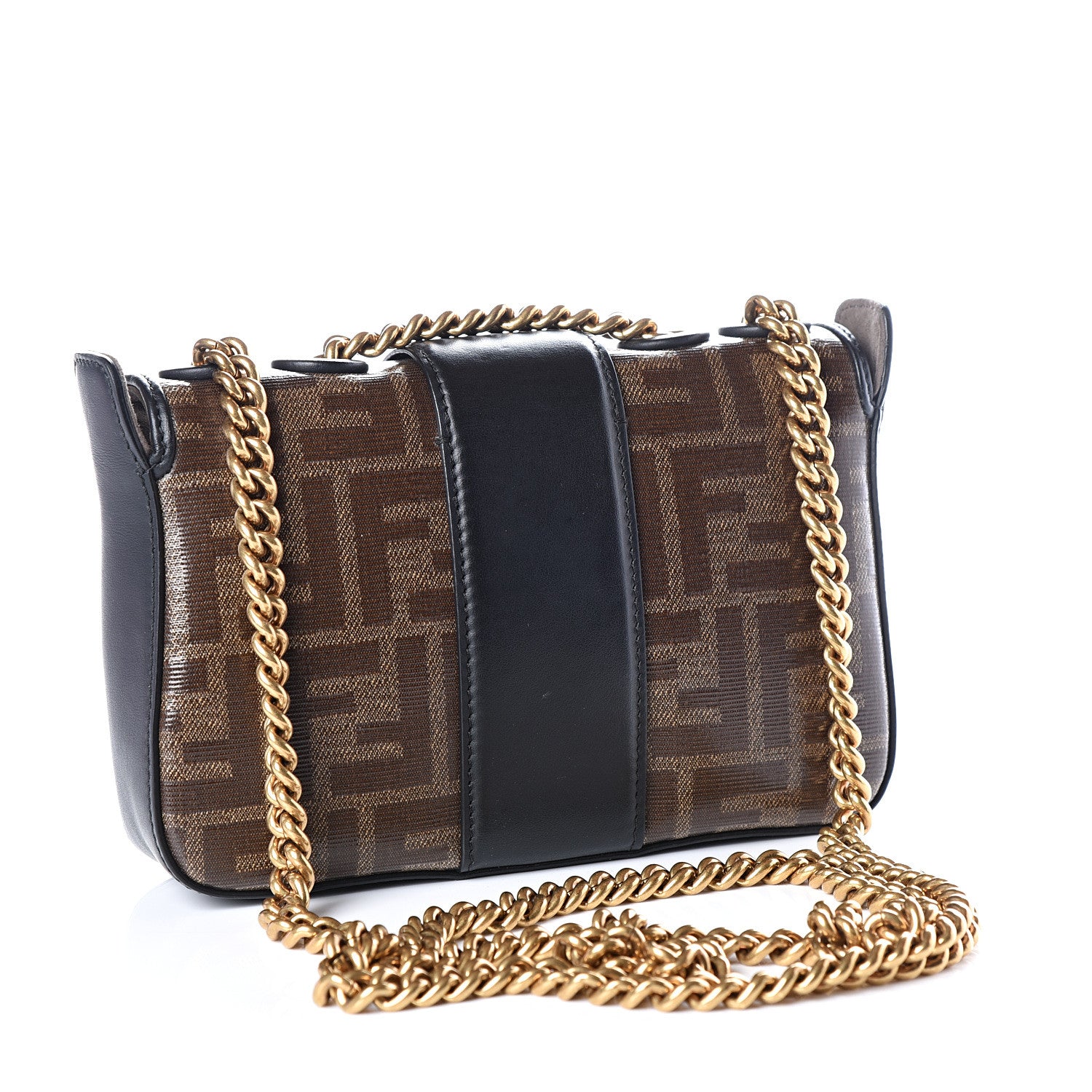 Fendi Glazed Fabric Vitello Century FF 1974 Stamp Patch Mini Double F Crossbody Bag Mogano Panna Black 2 of 12