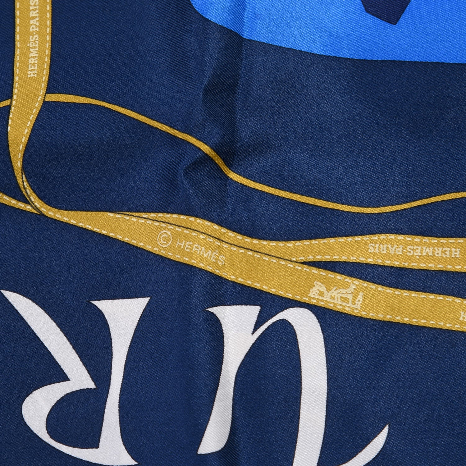 Hermes Vintage Silk Monsieur et Madame Scarf 70 Marine Cobalt Gold 4 of 4