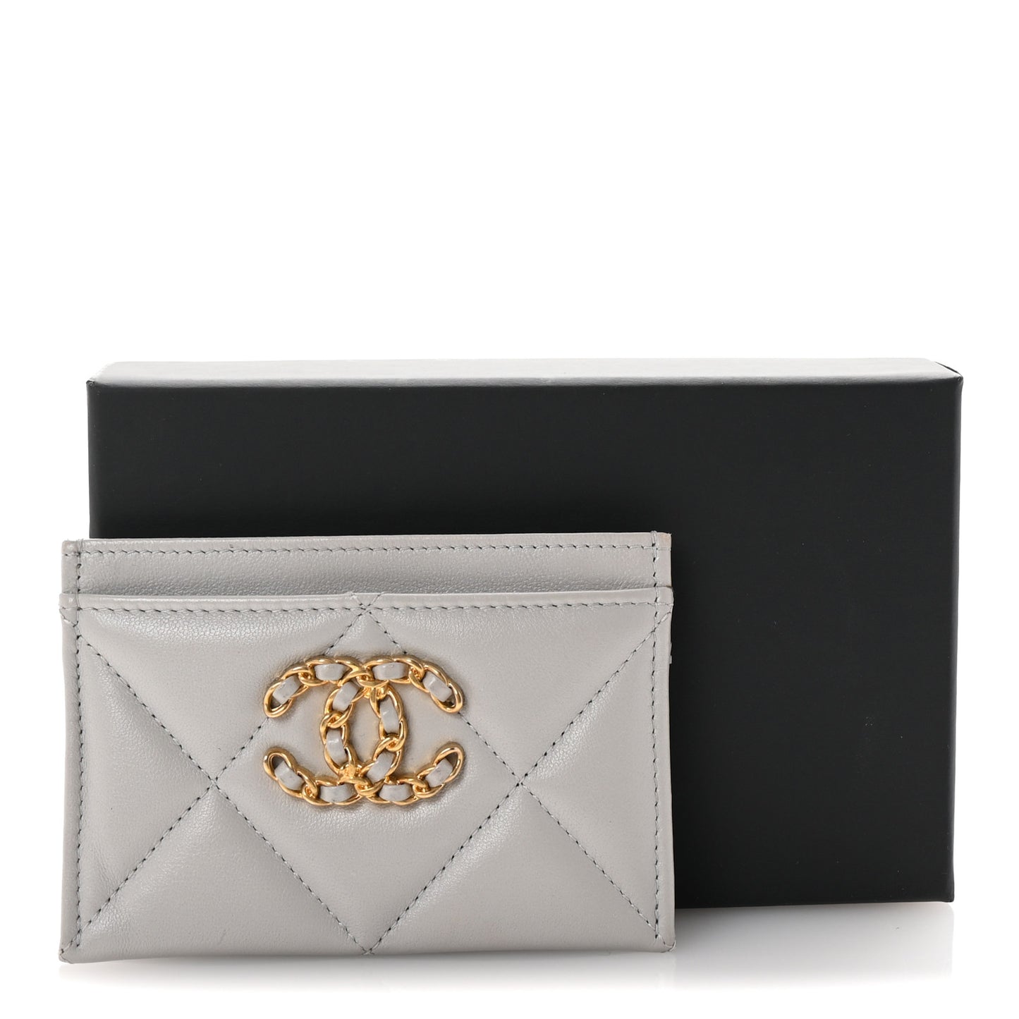Lambskin Quilted Chanel 19 Card Holder Light Grey