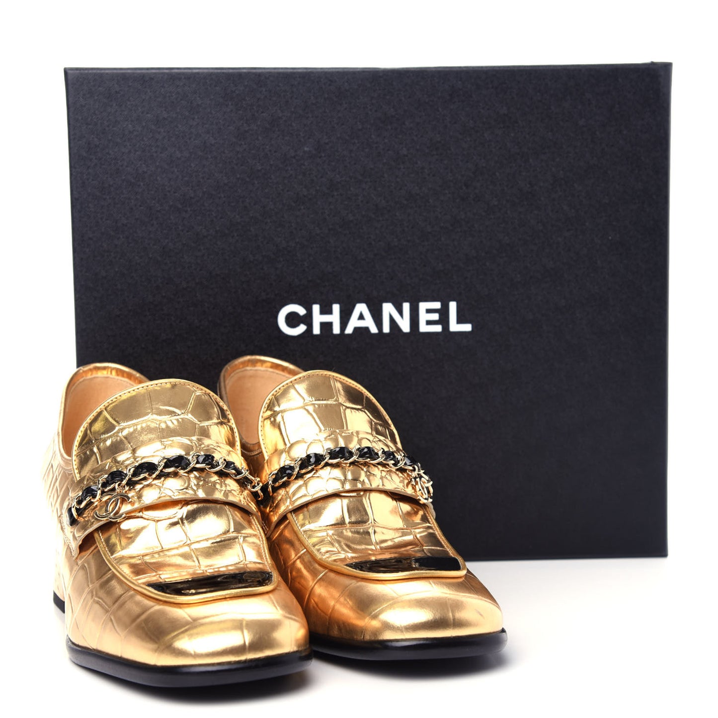 Metallic Crocodile Embossed Calfskin CC Chain Mocassin Loafers 38 Gold