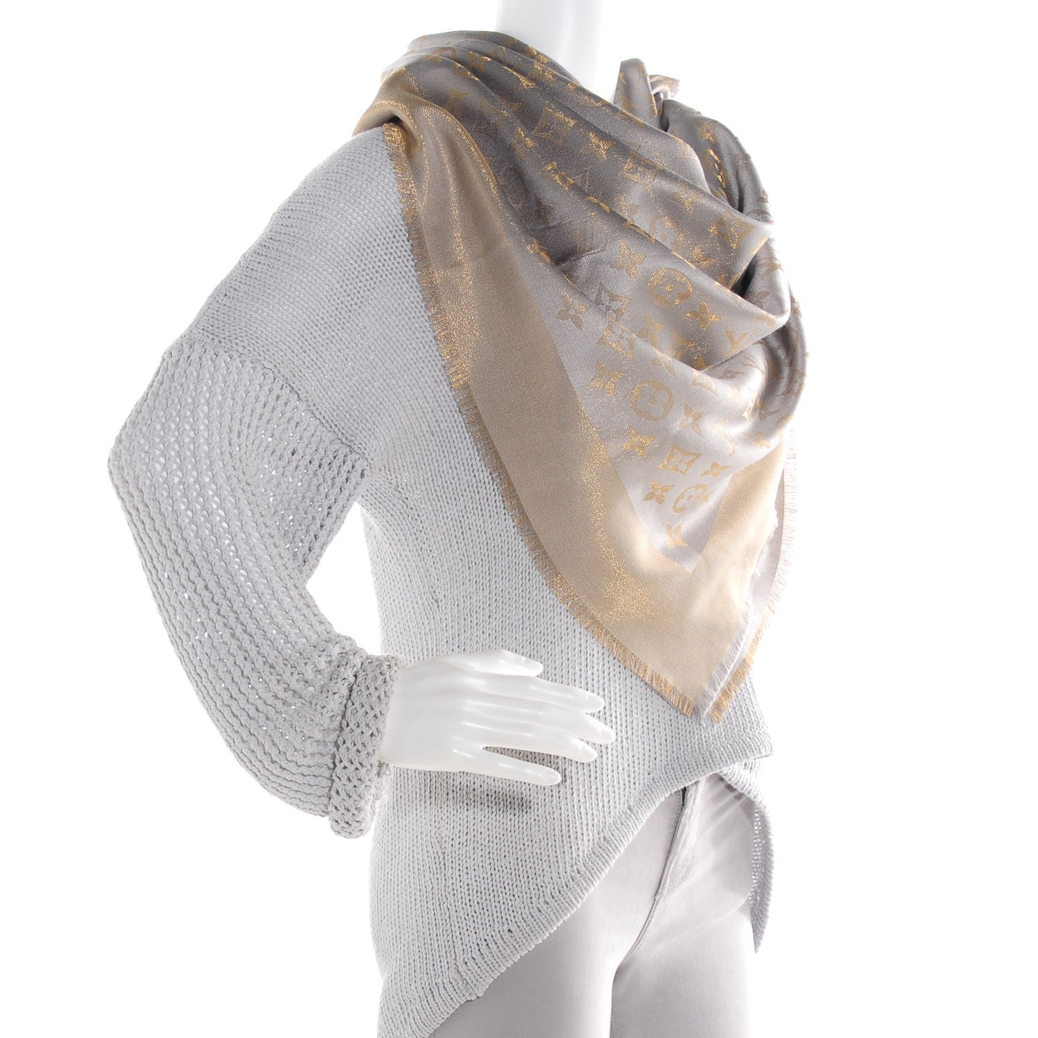 Louis Vuitton Silk Wool Monogram Shine Shawl Beige 2 of 5