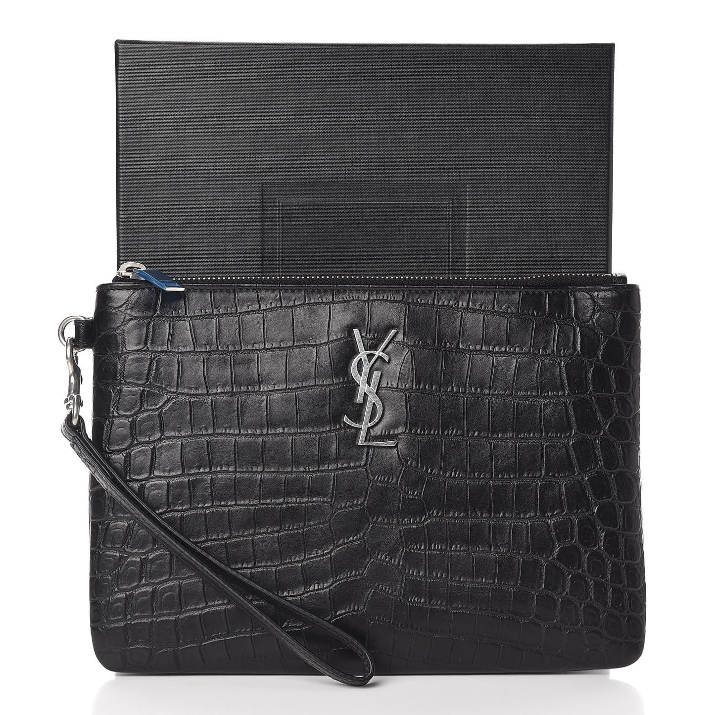 Calfskin Crocodile Embossed Monogram Zip Pouch Black