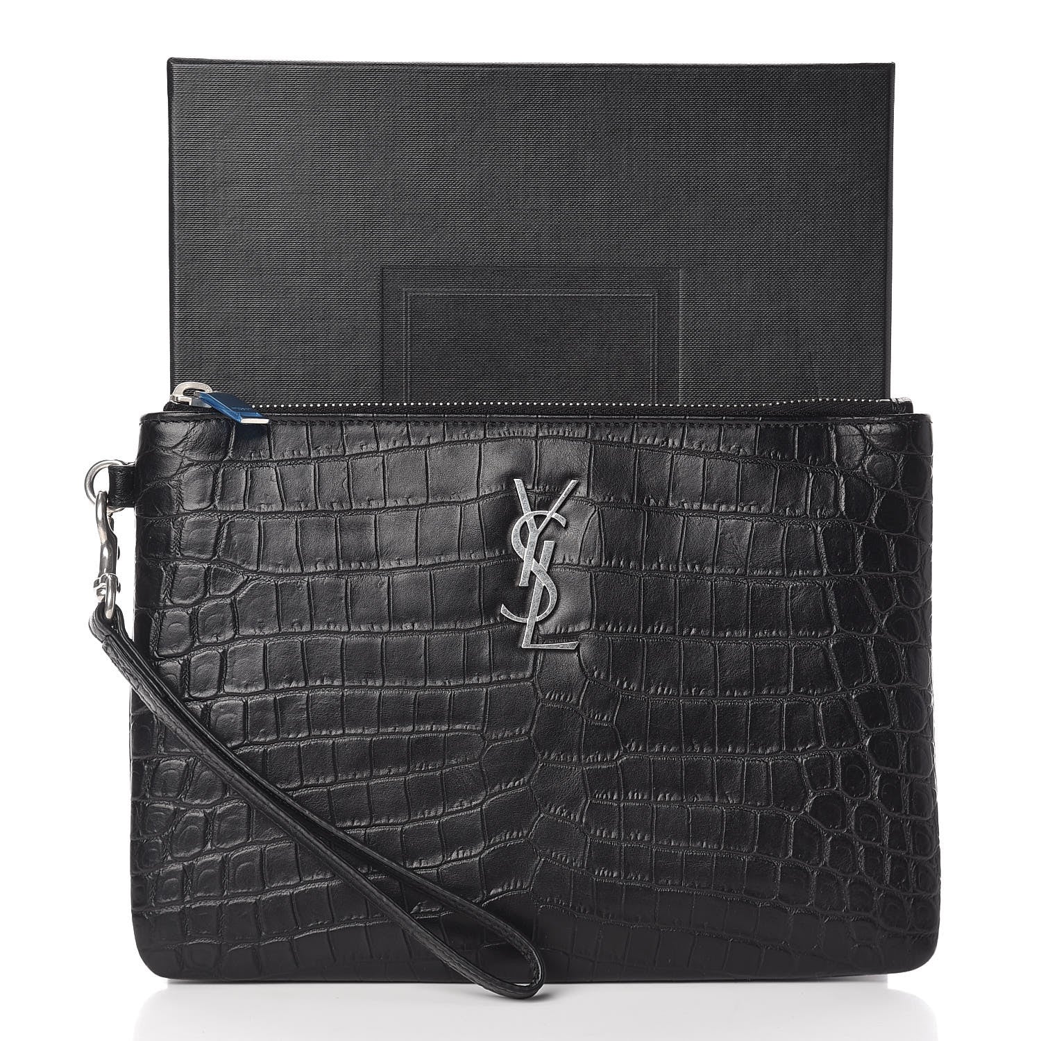 Saint Laurent Calfskin Crocodile Embossed Monogram Zip Pouch Black 8 of 8